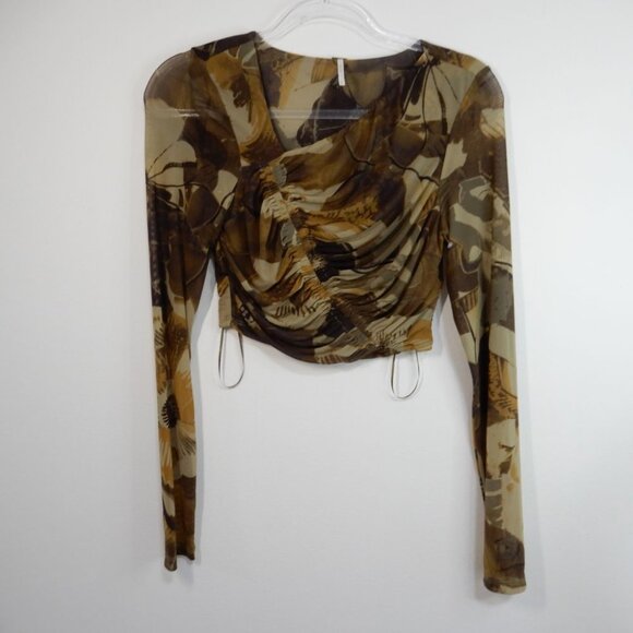 FREE PEOPLE Supernova Long Sleeve Crop Top Size S Stretchy Mesh Floral Moss NEW - Picture 5 of 9